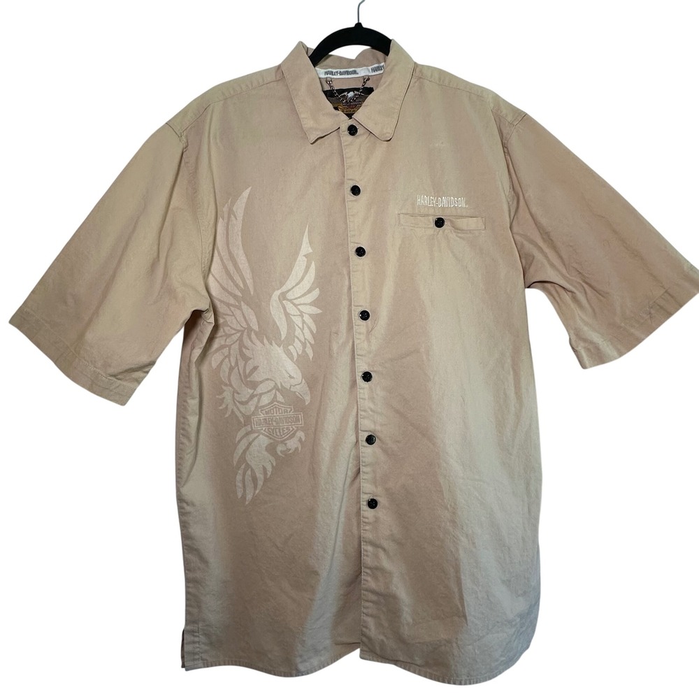 Harley Davidson Mens Large Tall Beige Eagle Button Up Short Sleeve Shirt